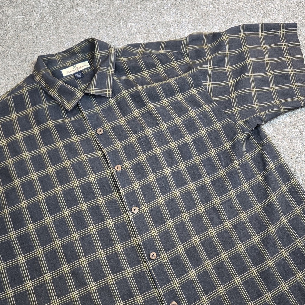 Tommy Bahama  100% Silk Camp Shirt Mens L  Button Relaxed Fit Plaid Blue Yellow